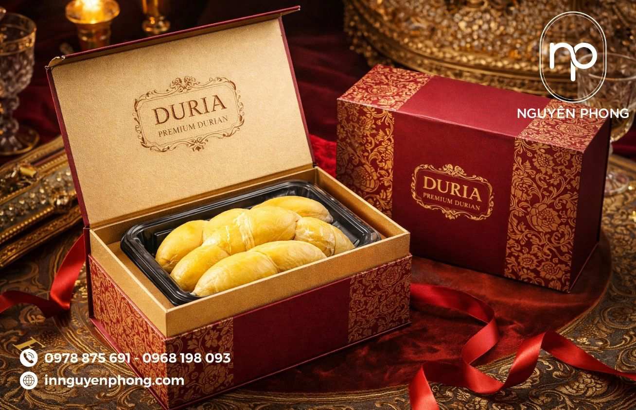 Mẫu in hộp cứng đựng sầu riêng làm quà tặng